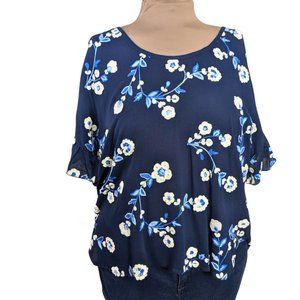 Karen Kane XL Blue Embroidered Floral Short Sleeve Ruffle V-Neck Blouse